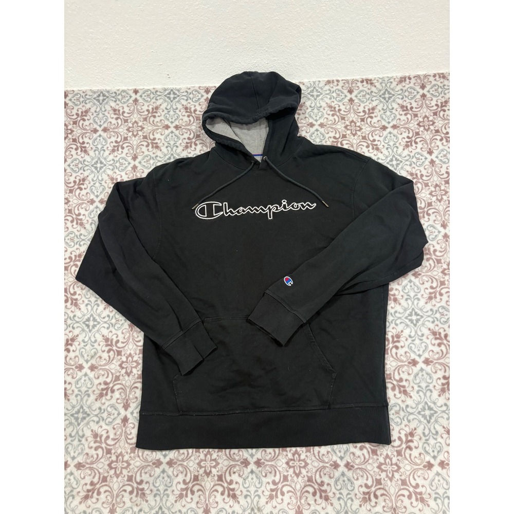 Champion Mens Black Script Logo Pullover Hoodie Sweatshirt XL GF89H BKC